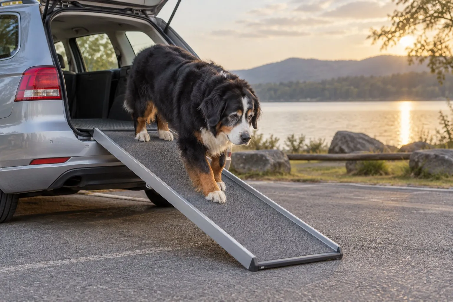 Symbolbild (KI-generiert): Älterer Berner Sennenhund geht vorsichtig über eine flach angelegte graue Rampe aus dem Kofferraum eines silbernen Kombis, im Hintergrund ein See im Abendlicht