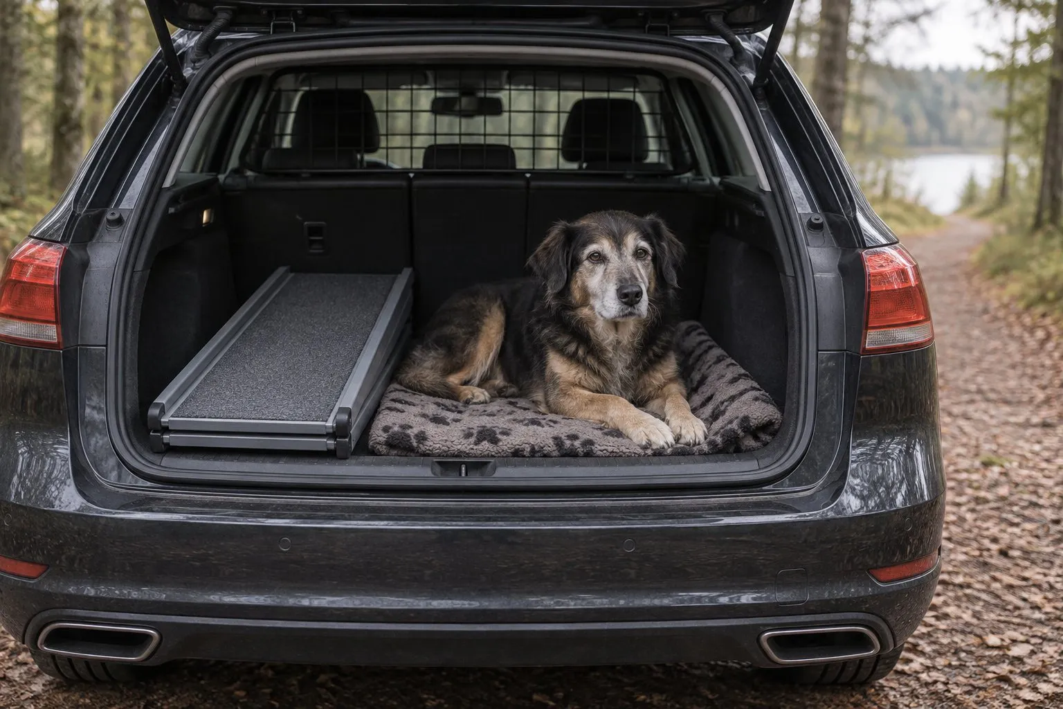 Symbolbild (KI-generiert): Offener Kofferraum eines dunklen Kombis von hinten, links liegt eine zusammengeklappte graue Rampe, rechts ruht ein älterer Mischlingshund auf einer Decke