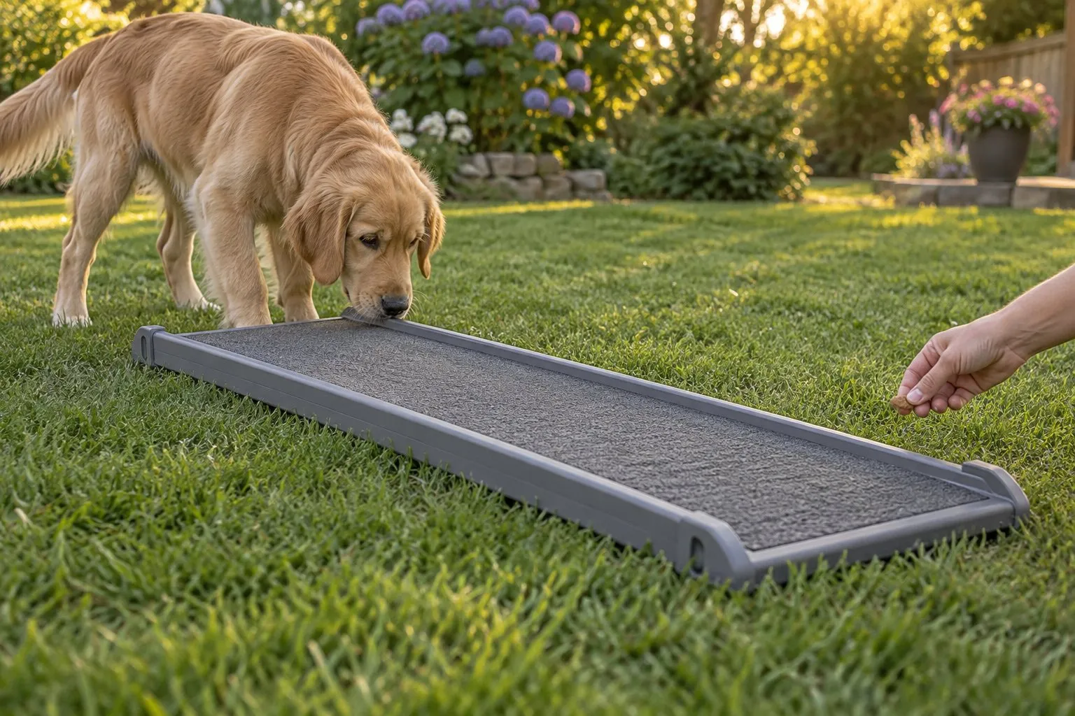 Symbolbild (KI-generiert): Junger Golden Retriever schnuppert an einer flach im Garten liegenden Rampe