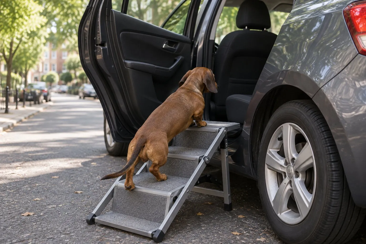 Symbolbild (KI-generiert): Dackel steigt eine kleine graue Klapptreppe zur Rückbank eines Autos mit offener hinterer Seitentür hinauf, Wohnstraße mit Bäumen