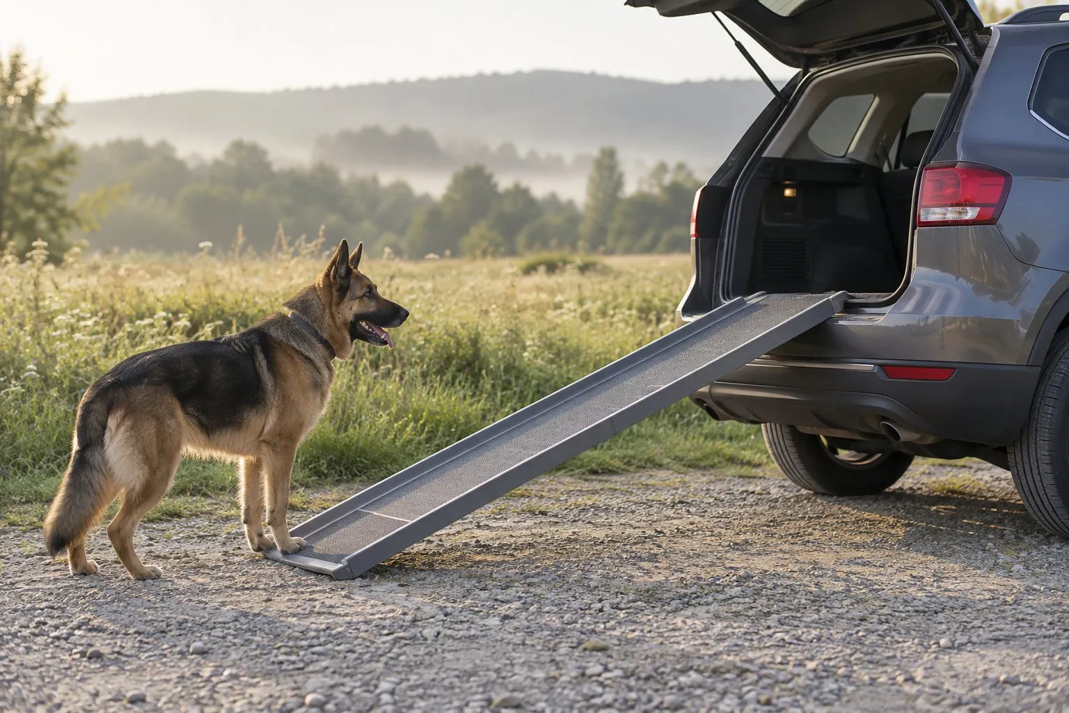 Symbolbild (KI-generiert): Schäferhund vor einer langen Rampe an der hohen Heckklappe eines SUV
